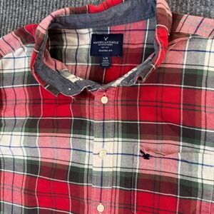 American Eagle Plaid Flannel‎ Shirt Mens L Button Up Long Sleeve Classic Fit Red
